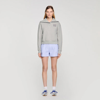 Avery Embroidered Split Neck Sweatshirt Grey