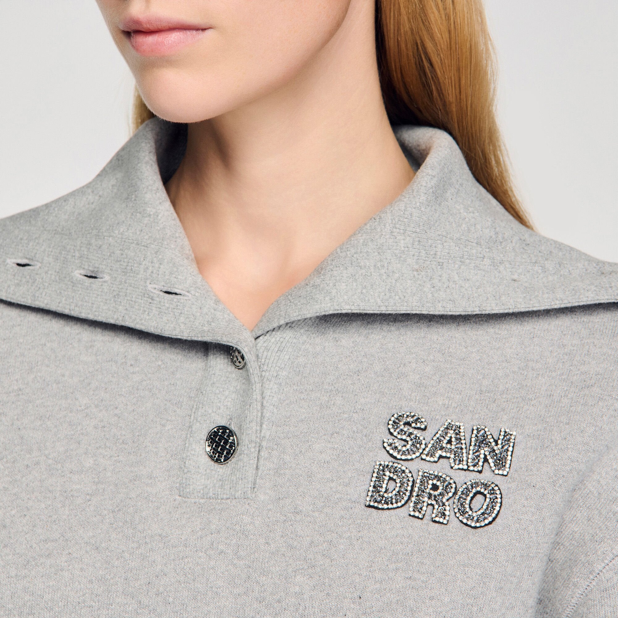 Avery Embroidered Split Neck Sweatshirt Grey