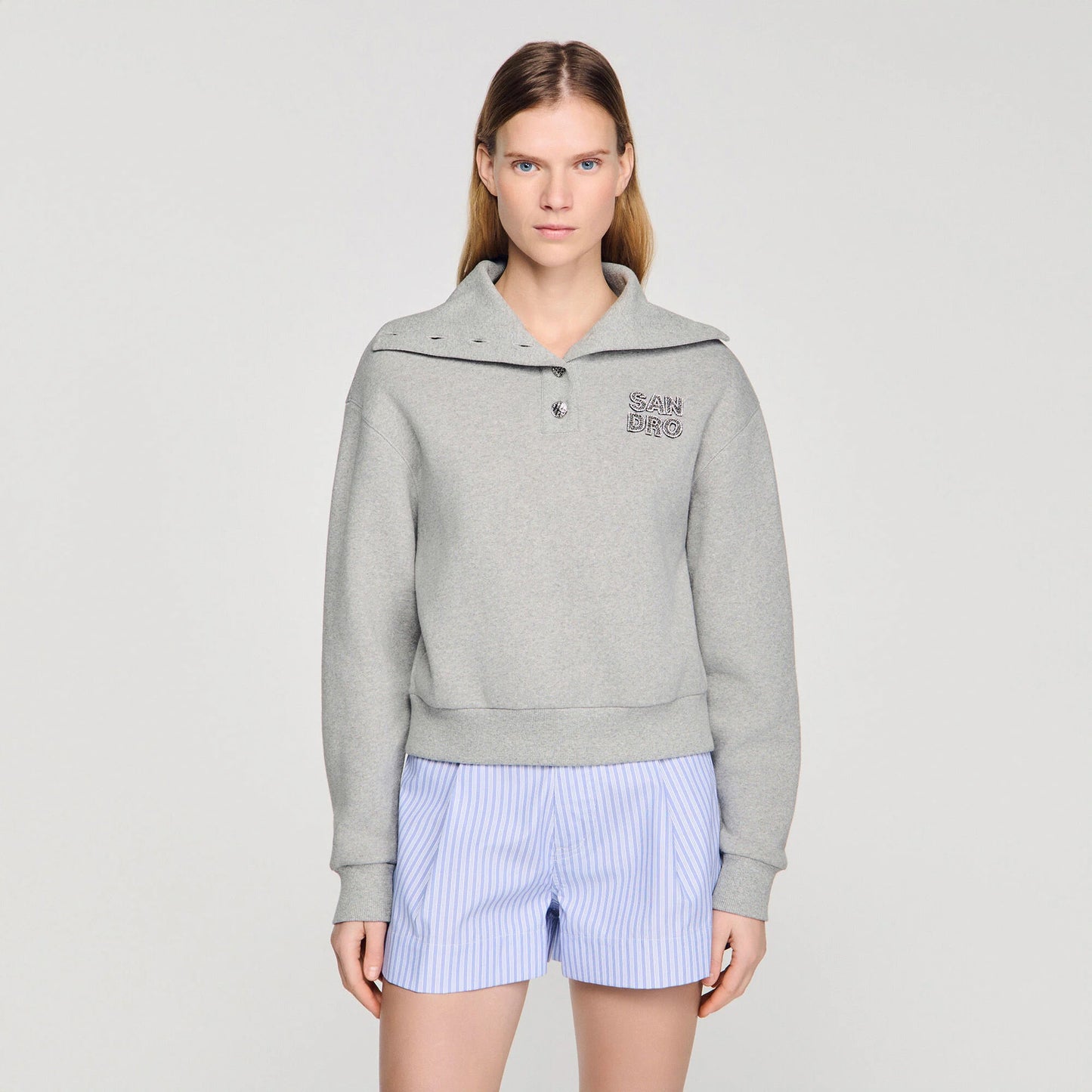 Avery Embroidered Split Neck Sweatshirt Grey
