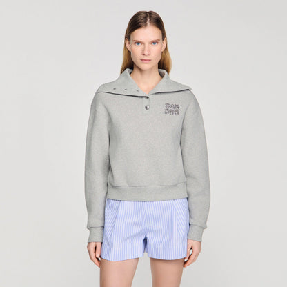 Avery Embroidered Split Neck Sweatshirt Grey