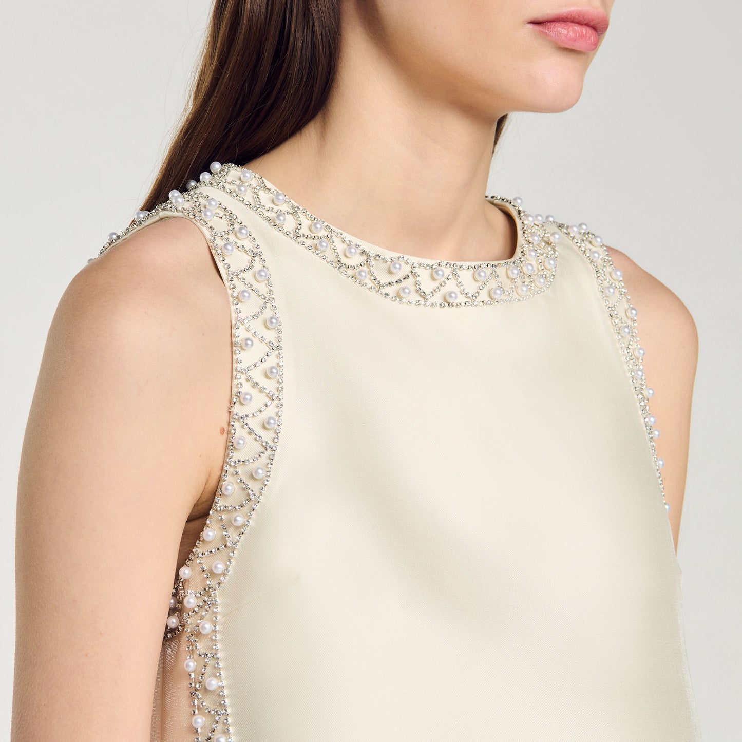 Satin Top With Rhinestones Ecru