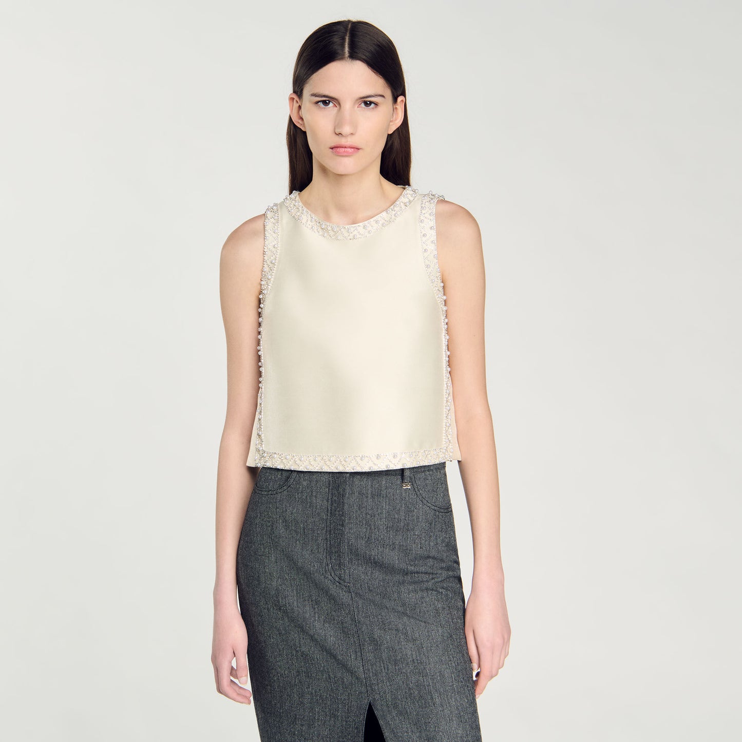 Satin Top With Rhinestones Ecru