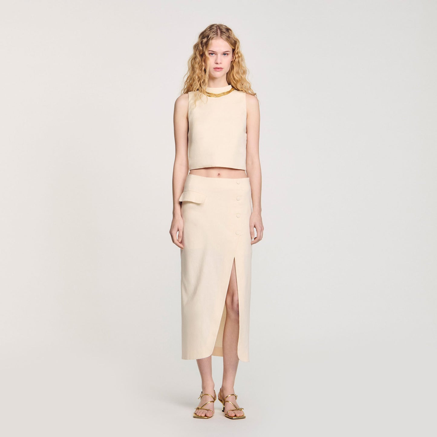 Ecru Knit Crop Top With Necklace