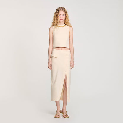 Ecru Knit Crop Top With Necklace