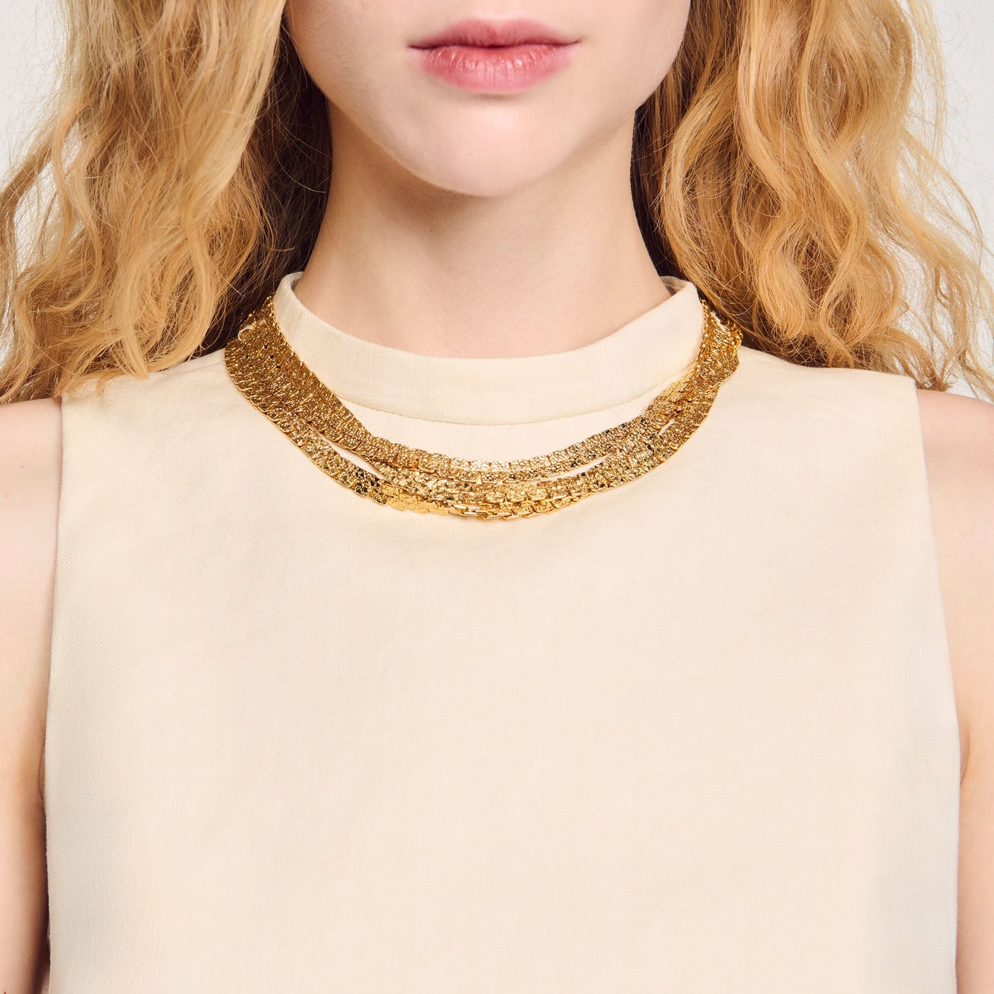 Ecru Knit Crop Top With Necklace