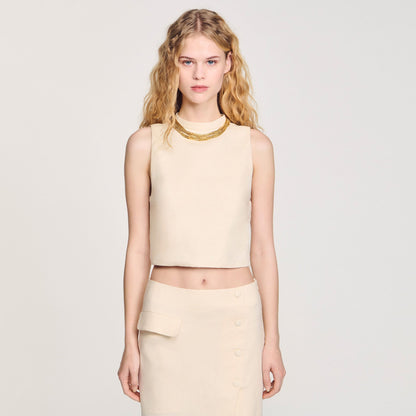 Ecru Knit Crop Top With Necklace