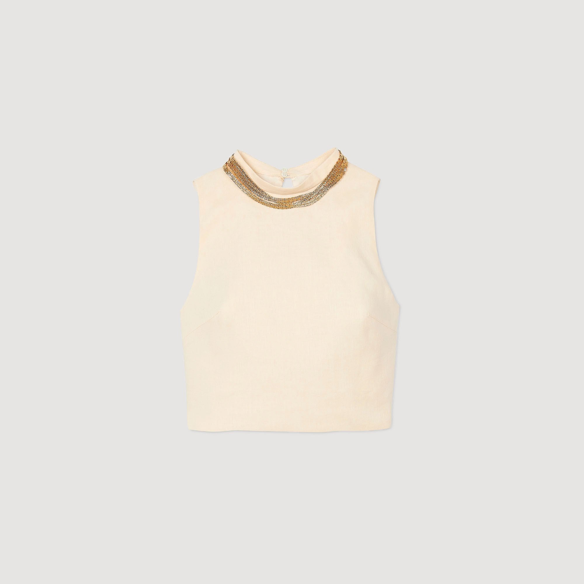 Ecru Knit Crop Top With Necklace