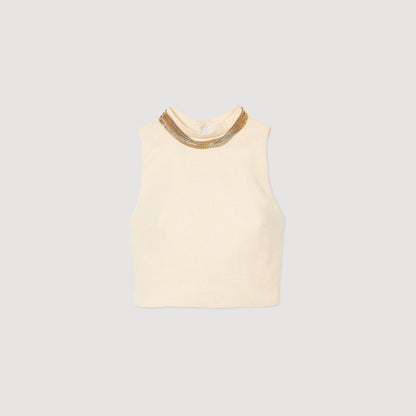 Ecru Knit Crop Top With Necklace