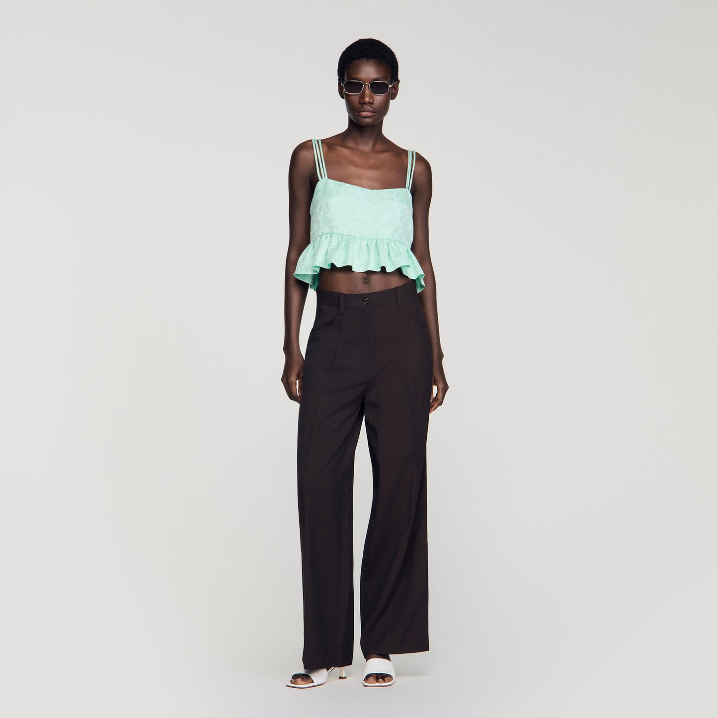 Modie Floral Jacquard Ruffle Crop Top Light Green