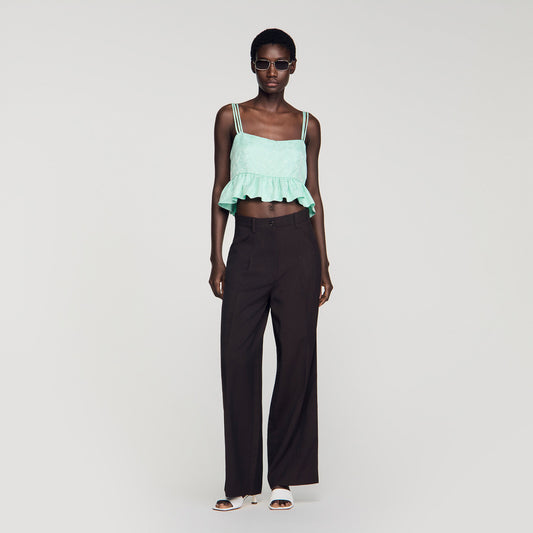 Modie Floral Jacquard Ruffle Crop Top Light Green