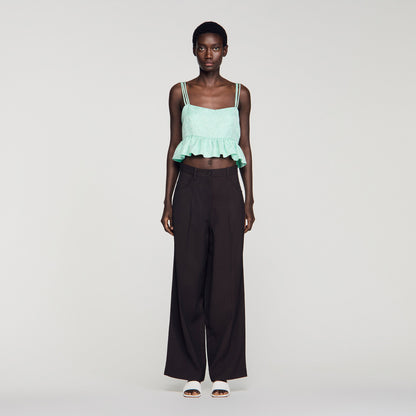 Modie Floral Jacquard Ruffle Crop Top Light Green