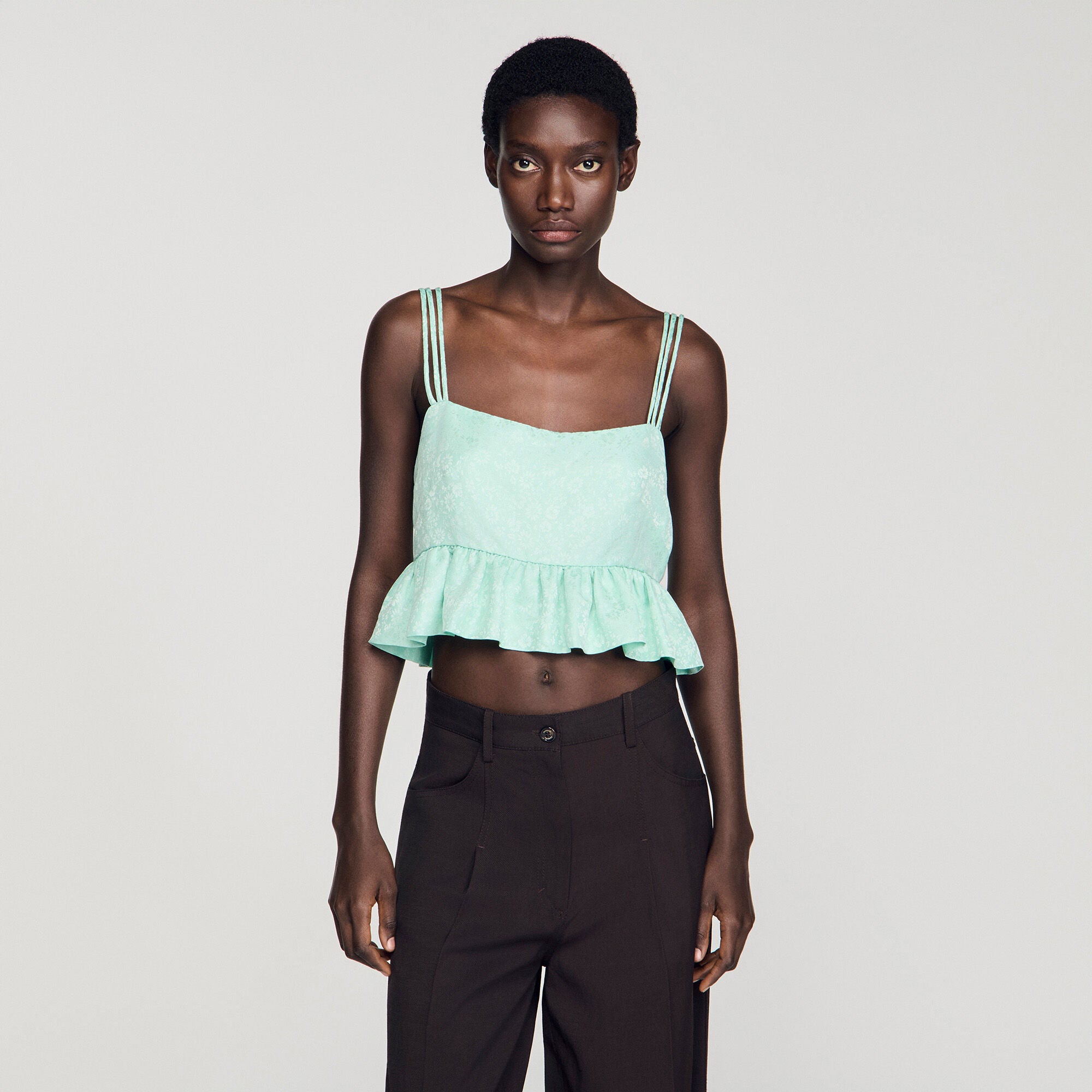 Modie Floral Jacquard Ruffle Crop Top Light Green