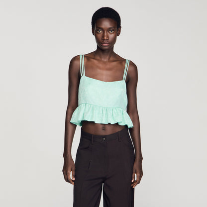 Modie Floral Jacquard Ruffle Crop Top Light Green