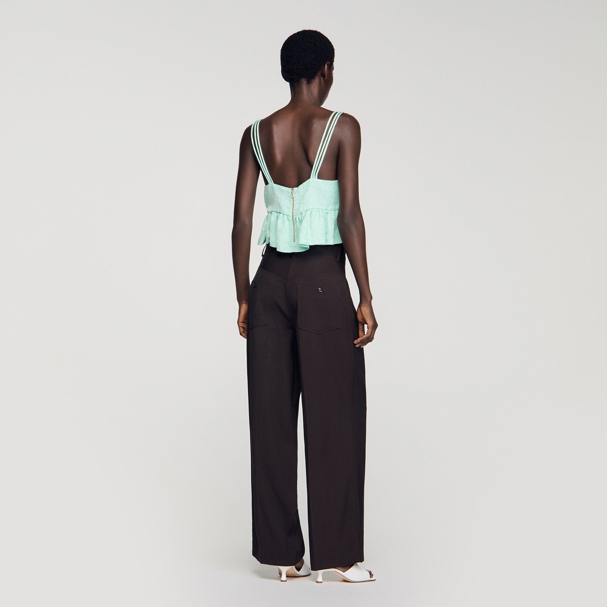 Modie Floral Jacquard Ruffle Crop Top Light Green