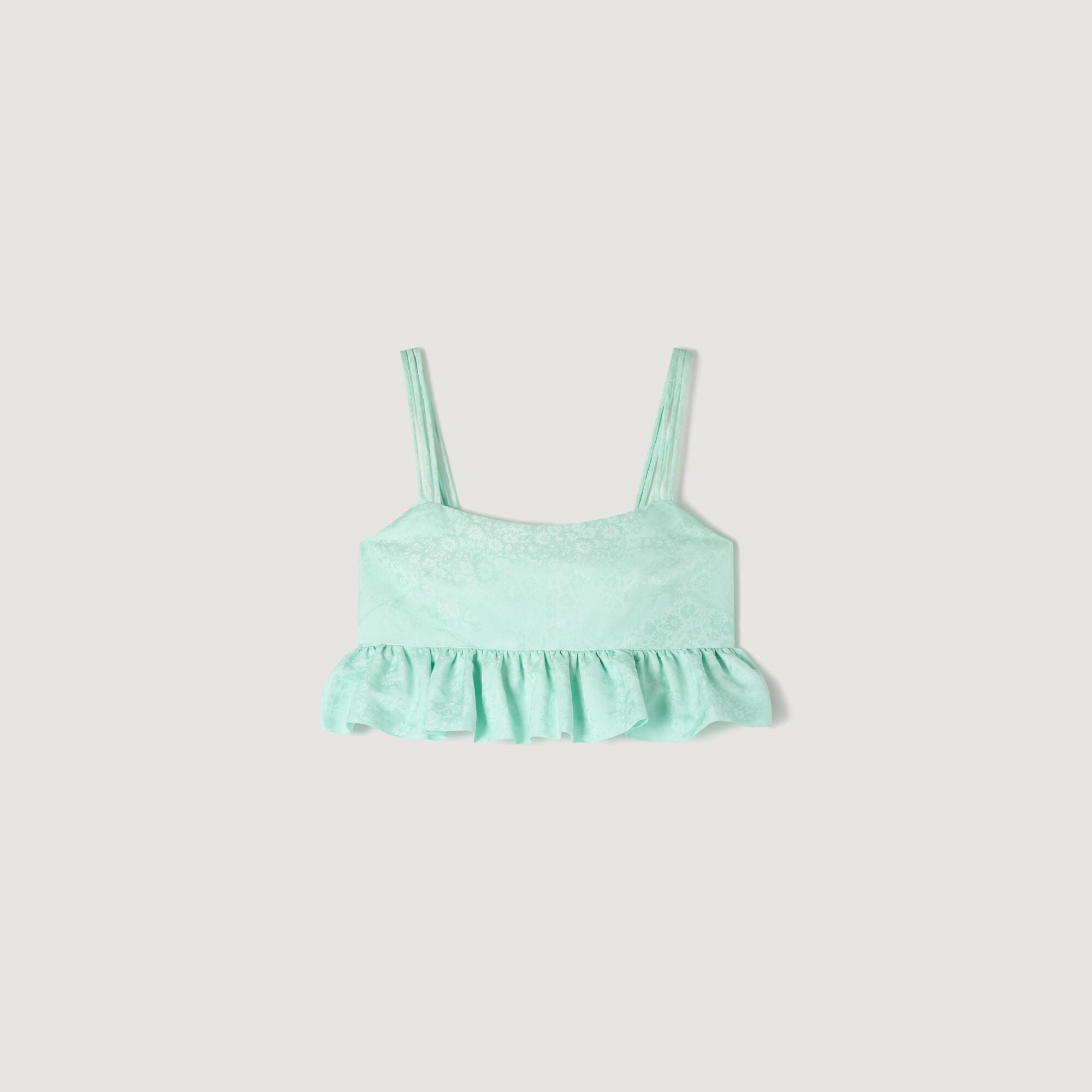Modie Floral Jacquard Ruffle Crop Top Light Green