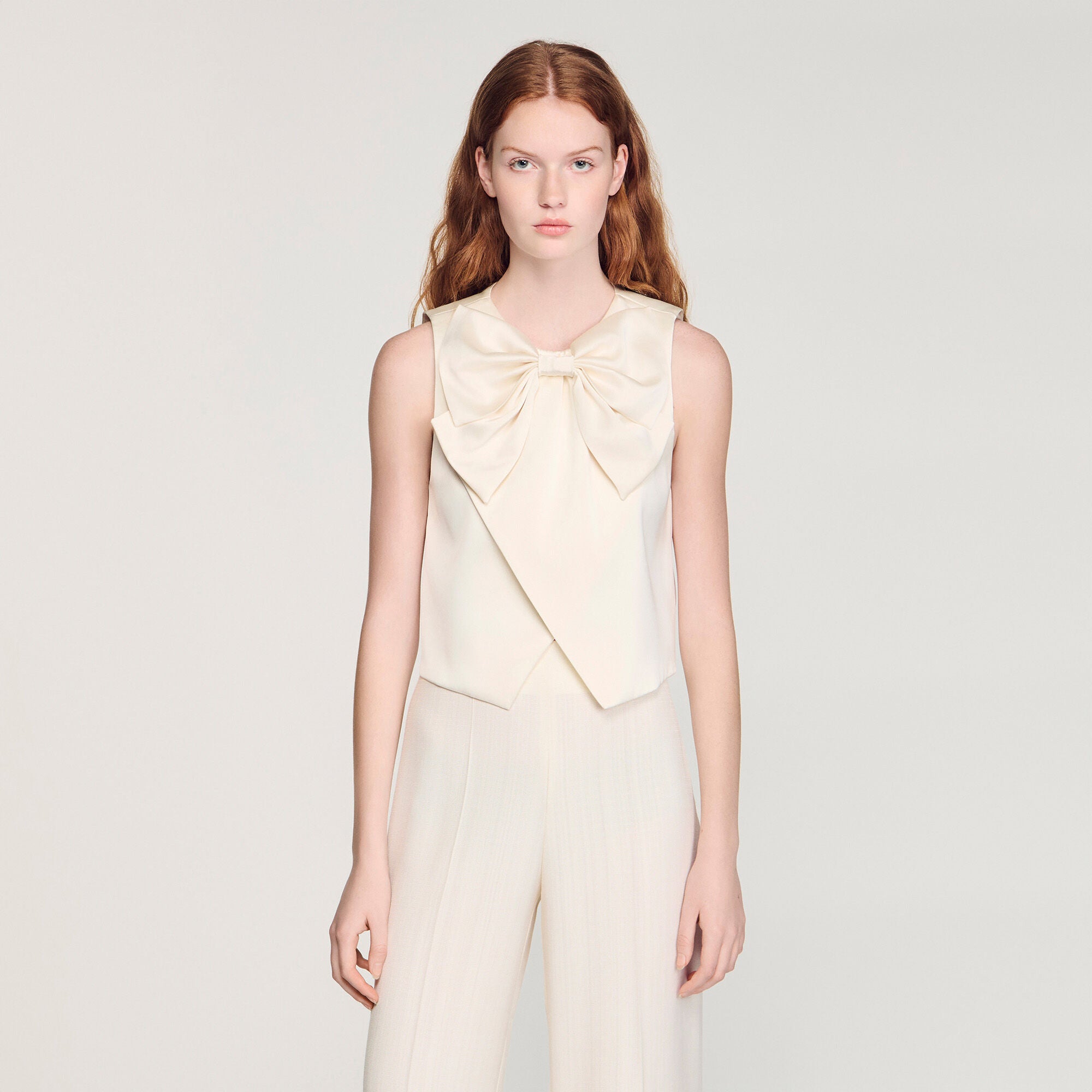 Neuilly Satin Bow Crop Top Ecru