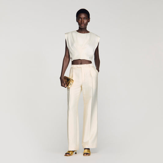 Boulogne Pleated Satin Crop Top Ecru