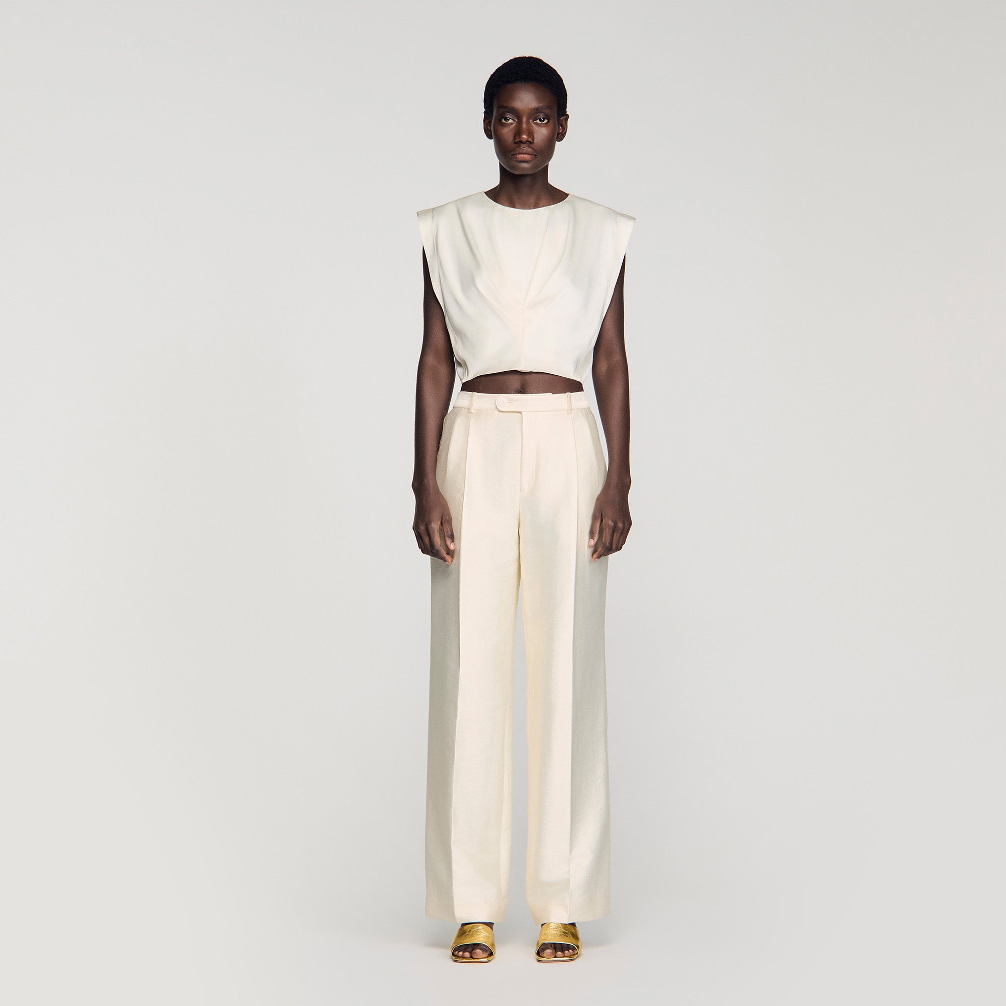Boulogne Pleated Satin Crop Top Ecru