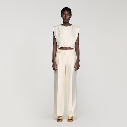 Boulogne Pleated Satin Crop Top Ecru