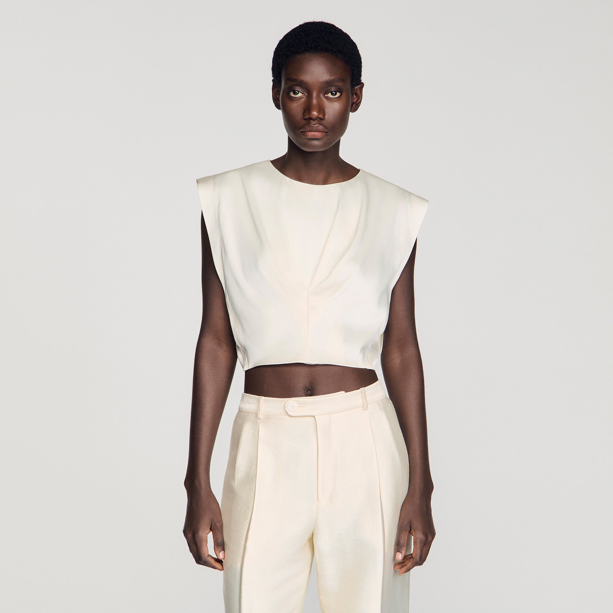 Boulogne Pleated Satin Crop Top Ecru