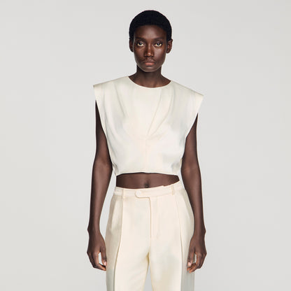 Boulogne Pleated Satin Crop Top Ecru