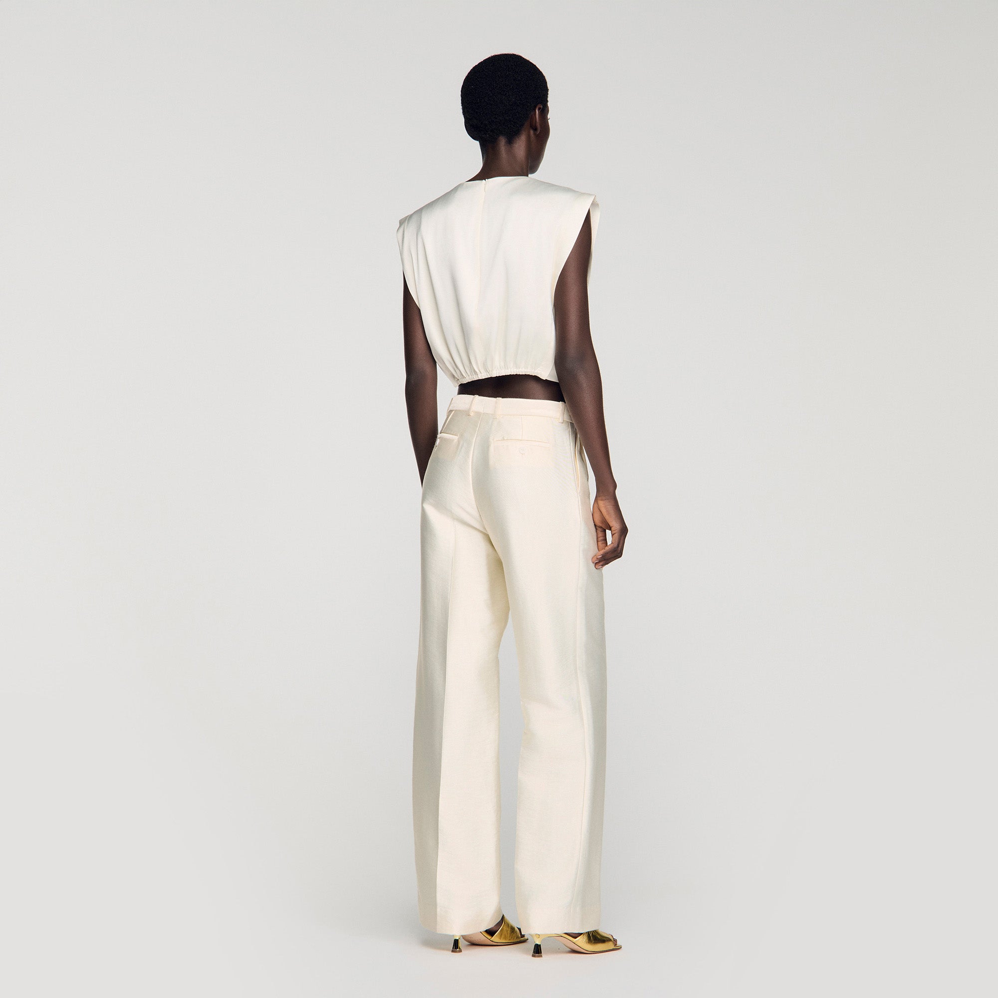 Boulogne Pleated Satin Crop Top Ecru