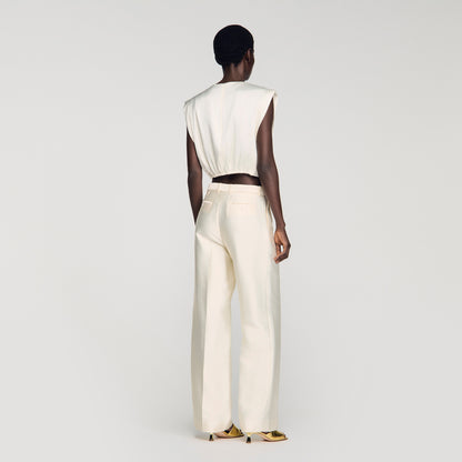 Boulogne Pleated Satin Crop Top Ecru