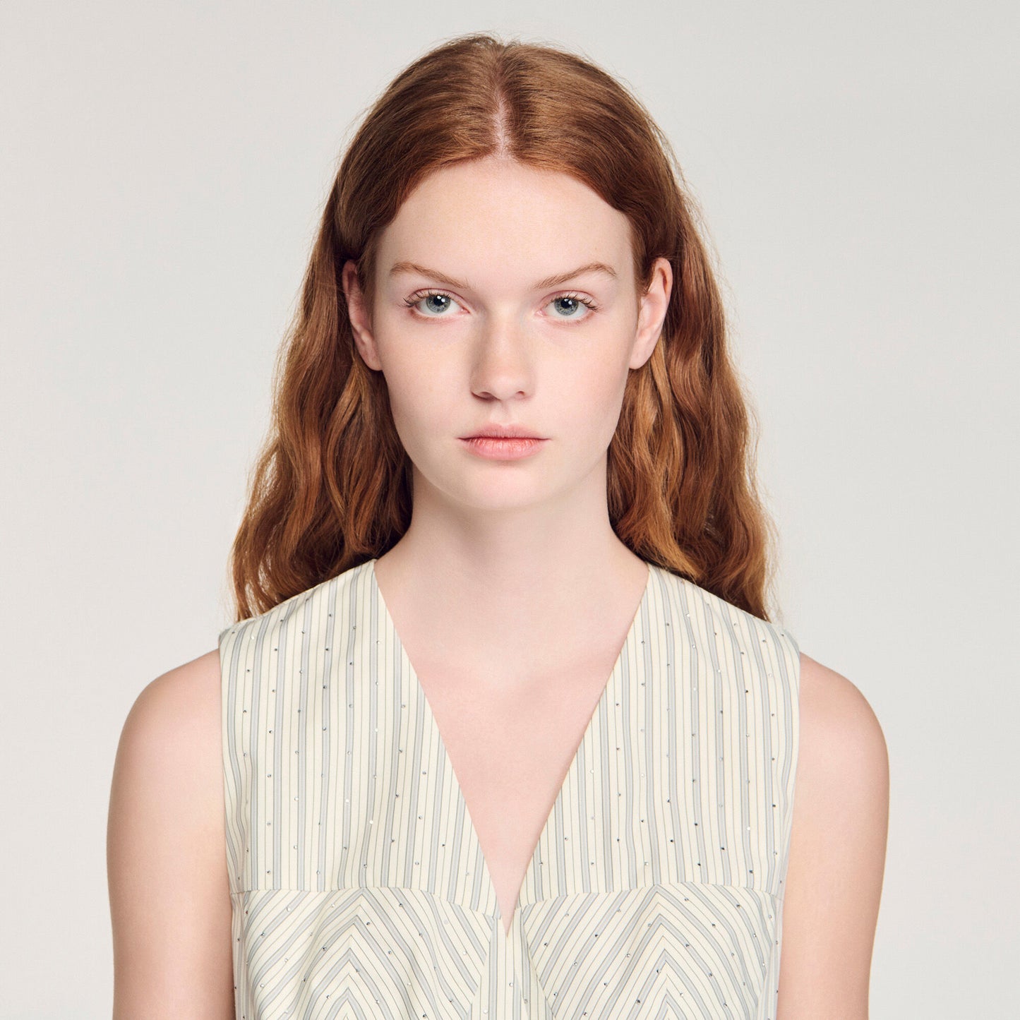 Capu Striped Rhinestone Crop Top Ecru