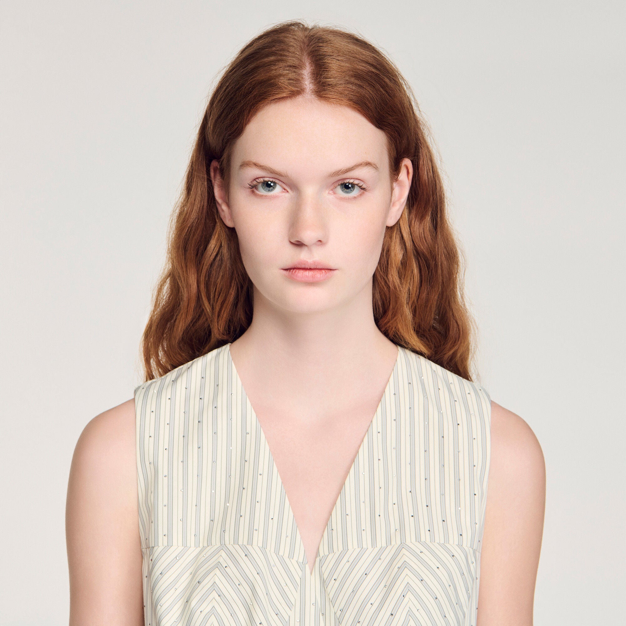 Capu Striped Rhinestone Crop Top Ecru