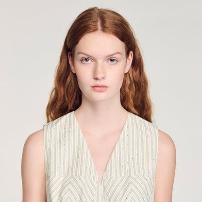 Capu Striped Rhinestone Crop Top Ecru