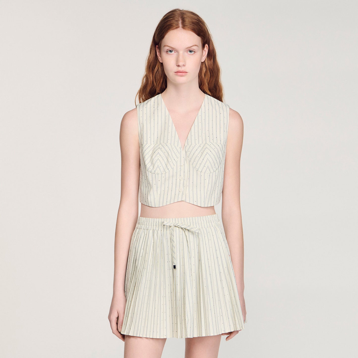 Capu Striped Rhinestone Crop Top Ecru