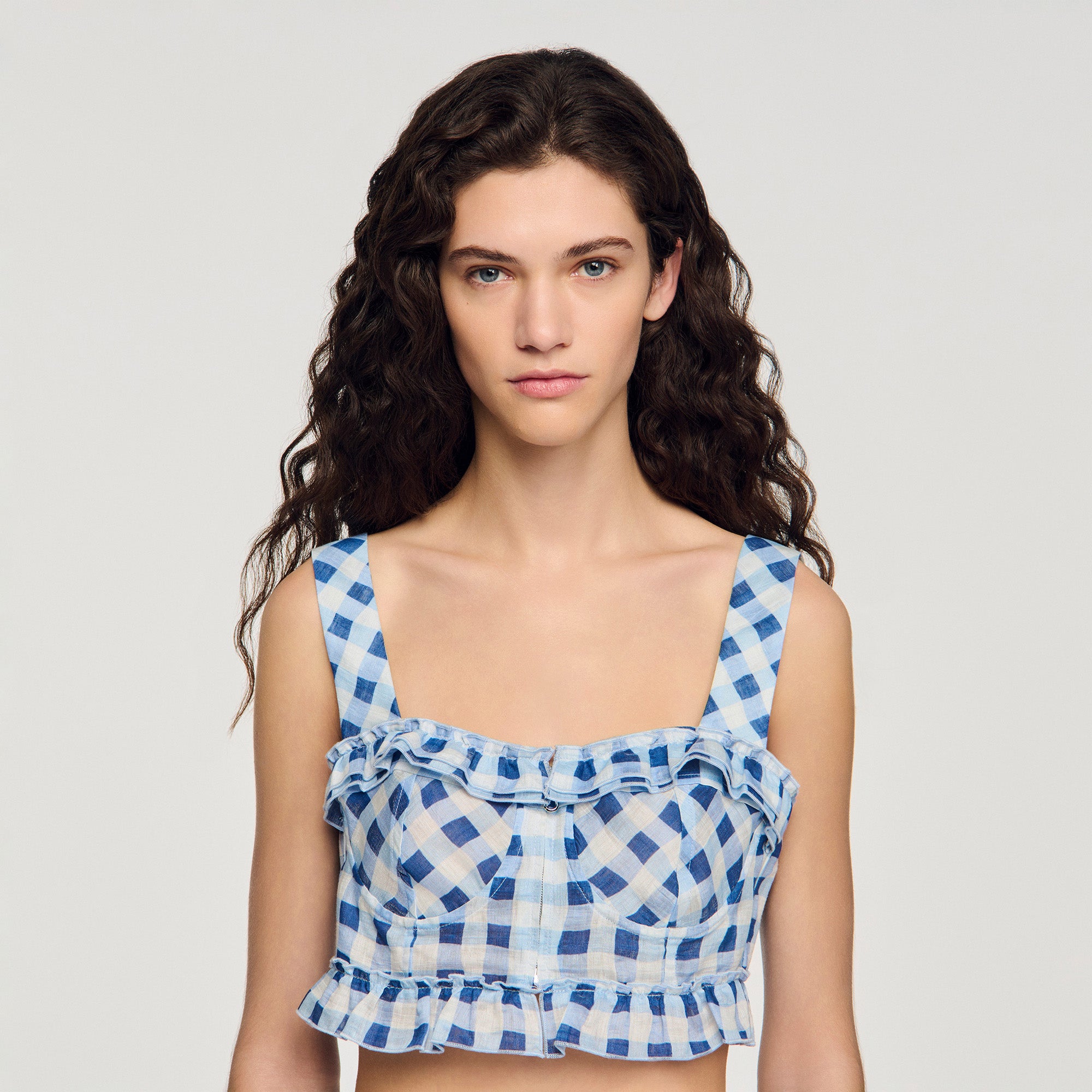 Josie Gingham Linen Crop Top Blu / White