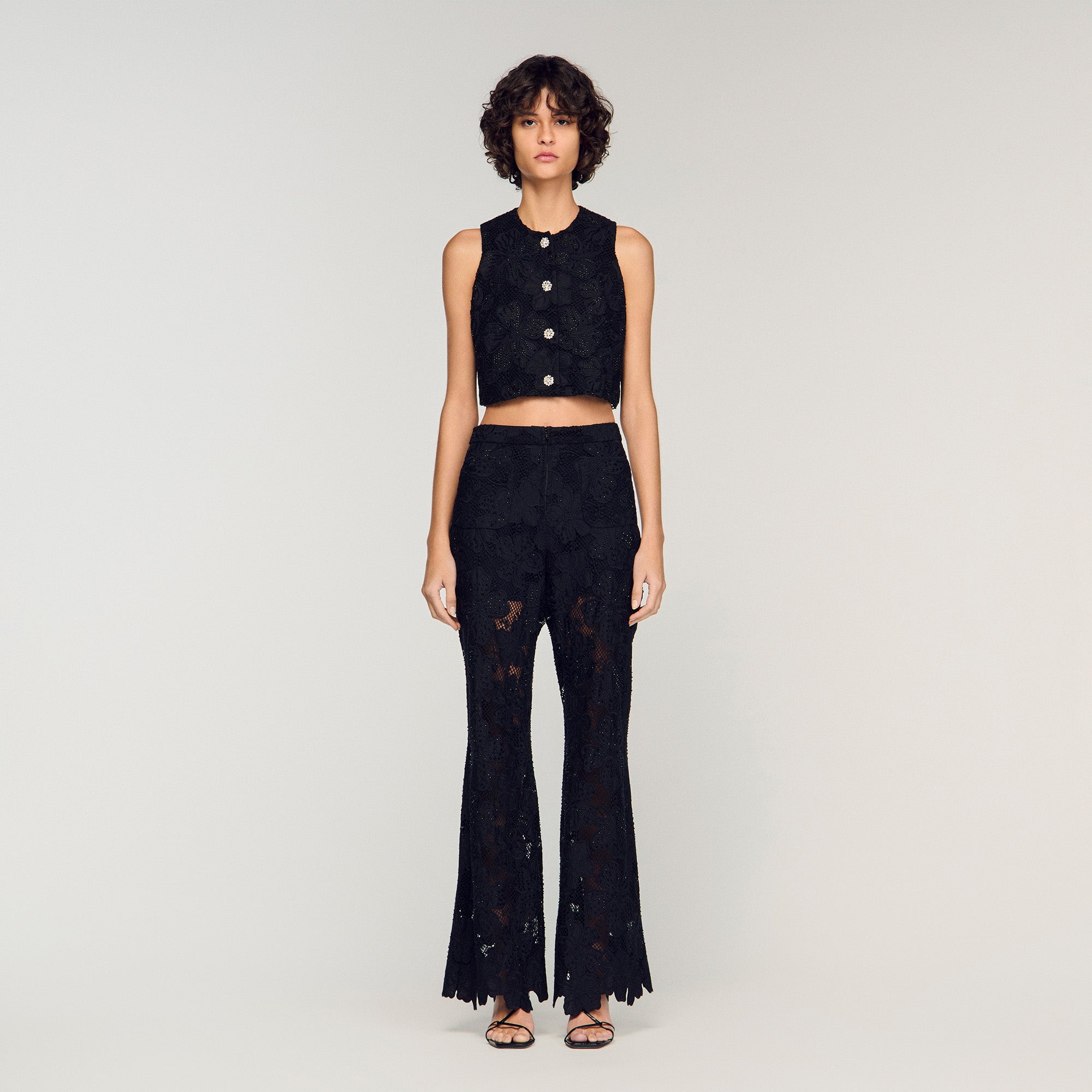 Embroidered Guipure Crop Top Black