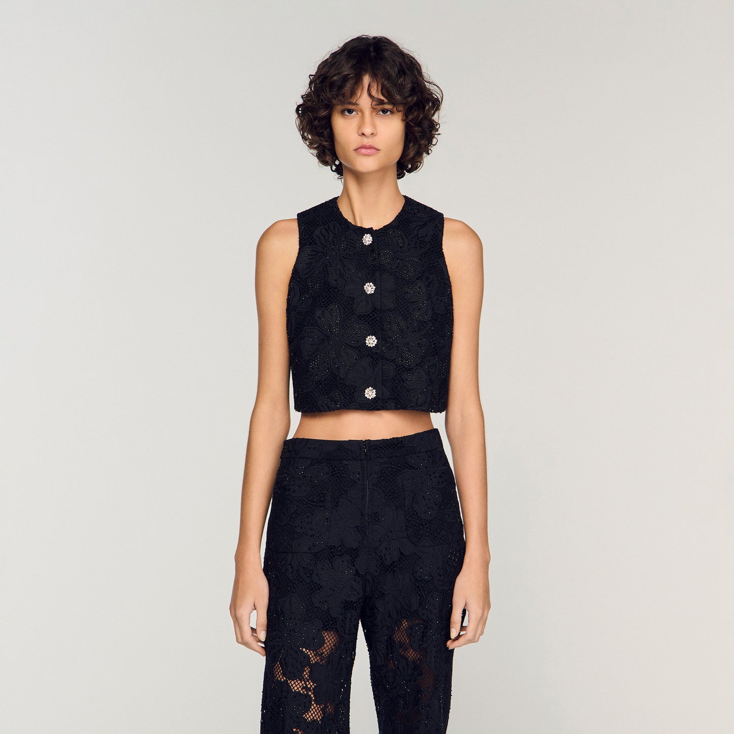 Embroidered Guipure Crop Top Black
