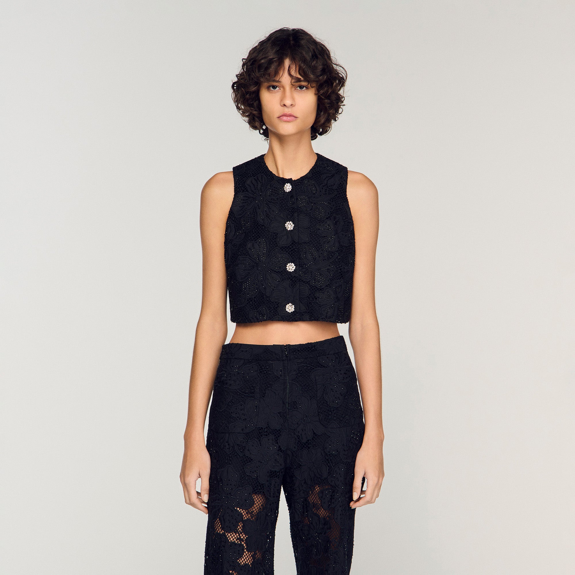 Embroidered Guipure Crop Top Black