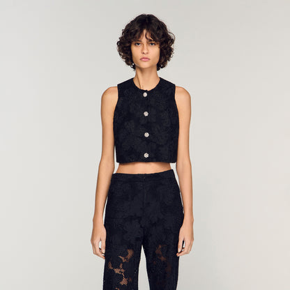 Embroidered Guipure Crop Top Black