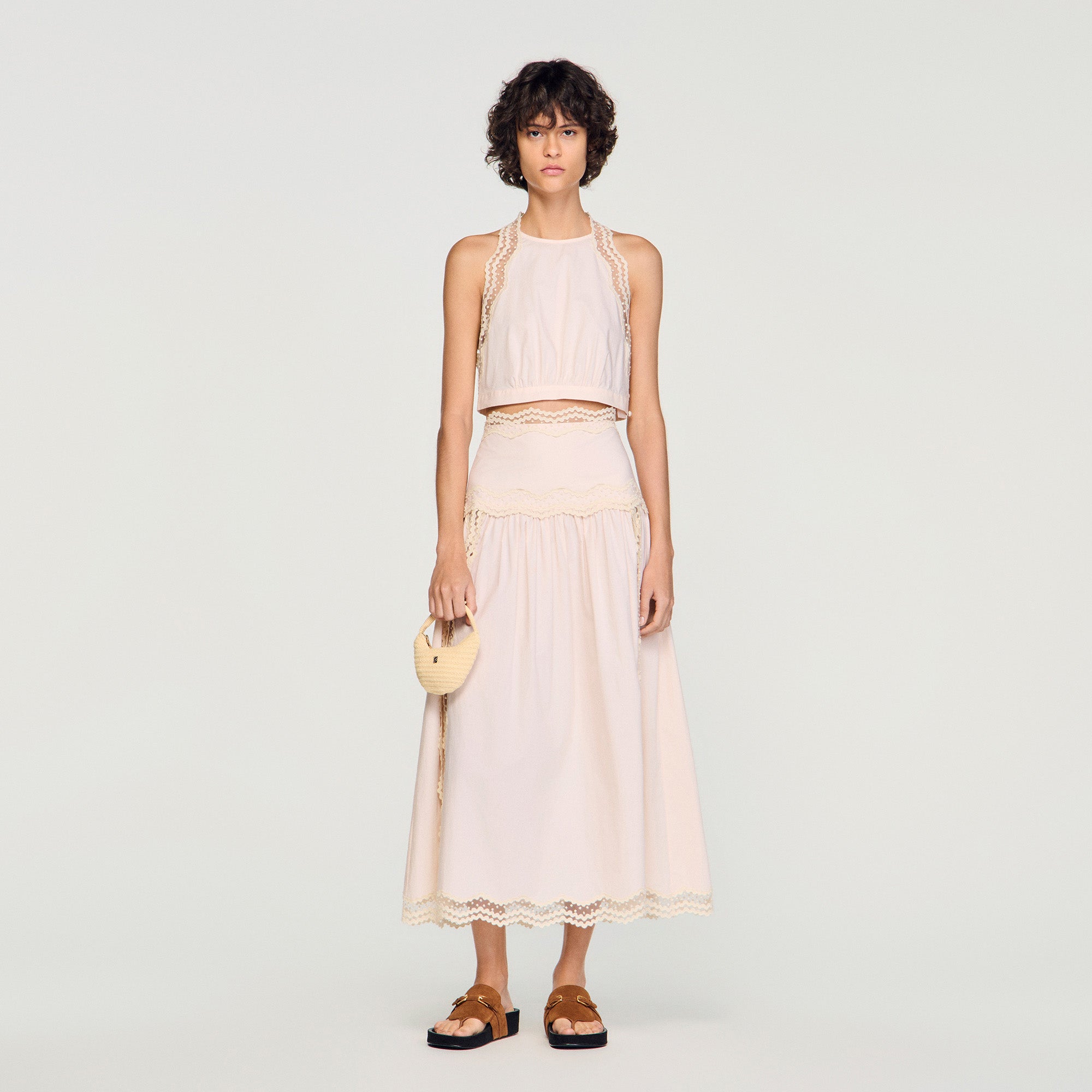 Bruna Cotton Crop Top With Lace Trim Light Pink