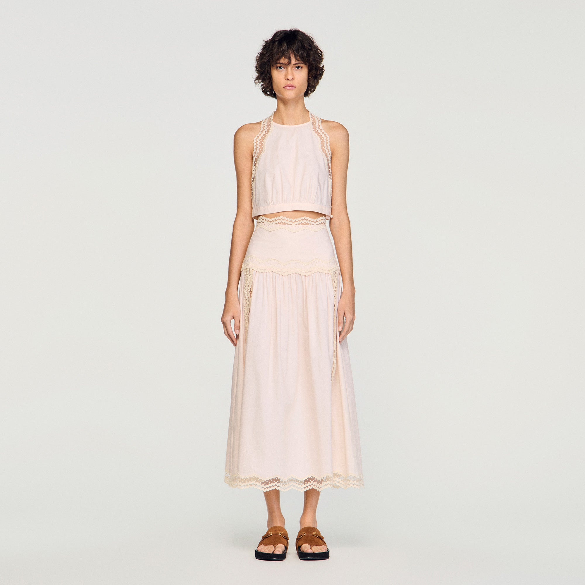Bruna Cotton Crop Top With Lace Trim Light Pink