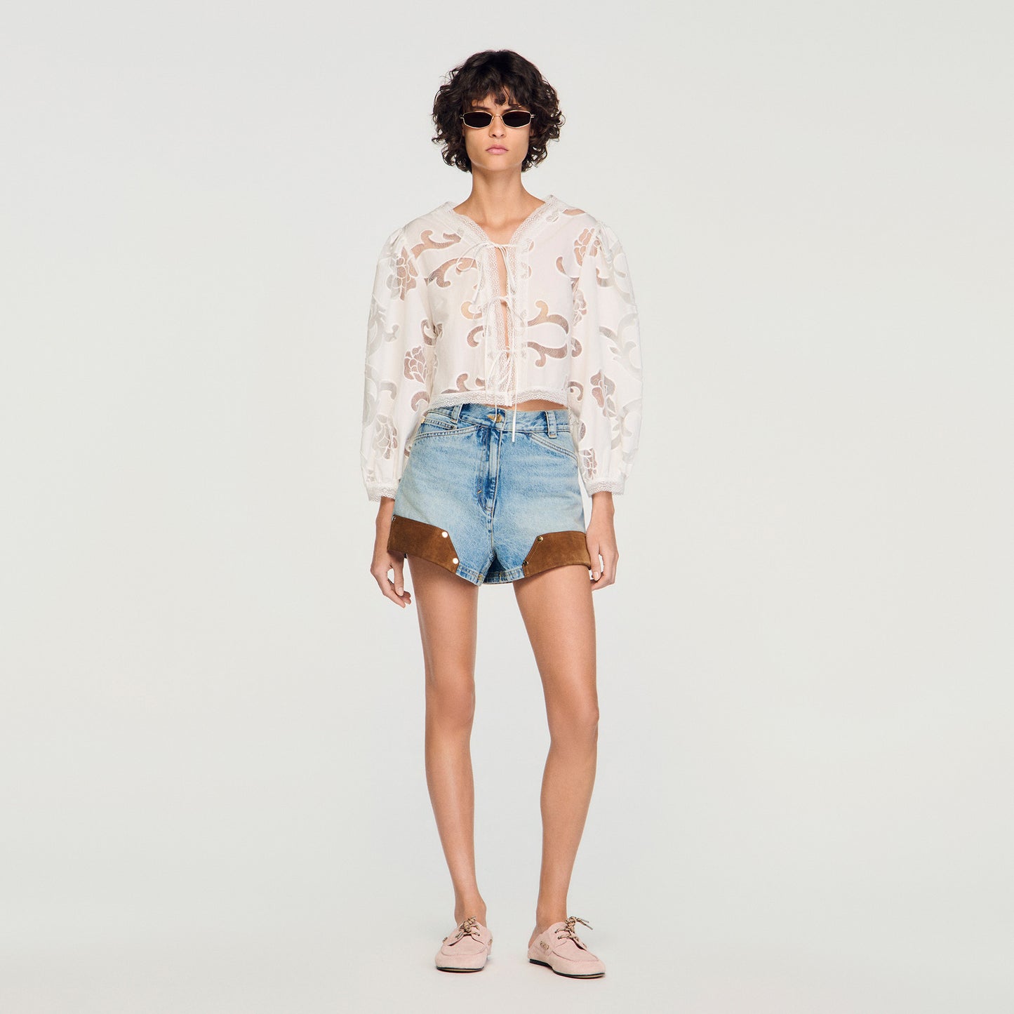 Luana Floral Openwork Crop Top Ecru