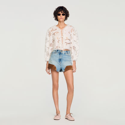 Luana Floral Openwork Crop Top Ecru