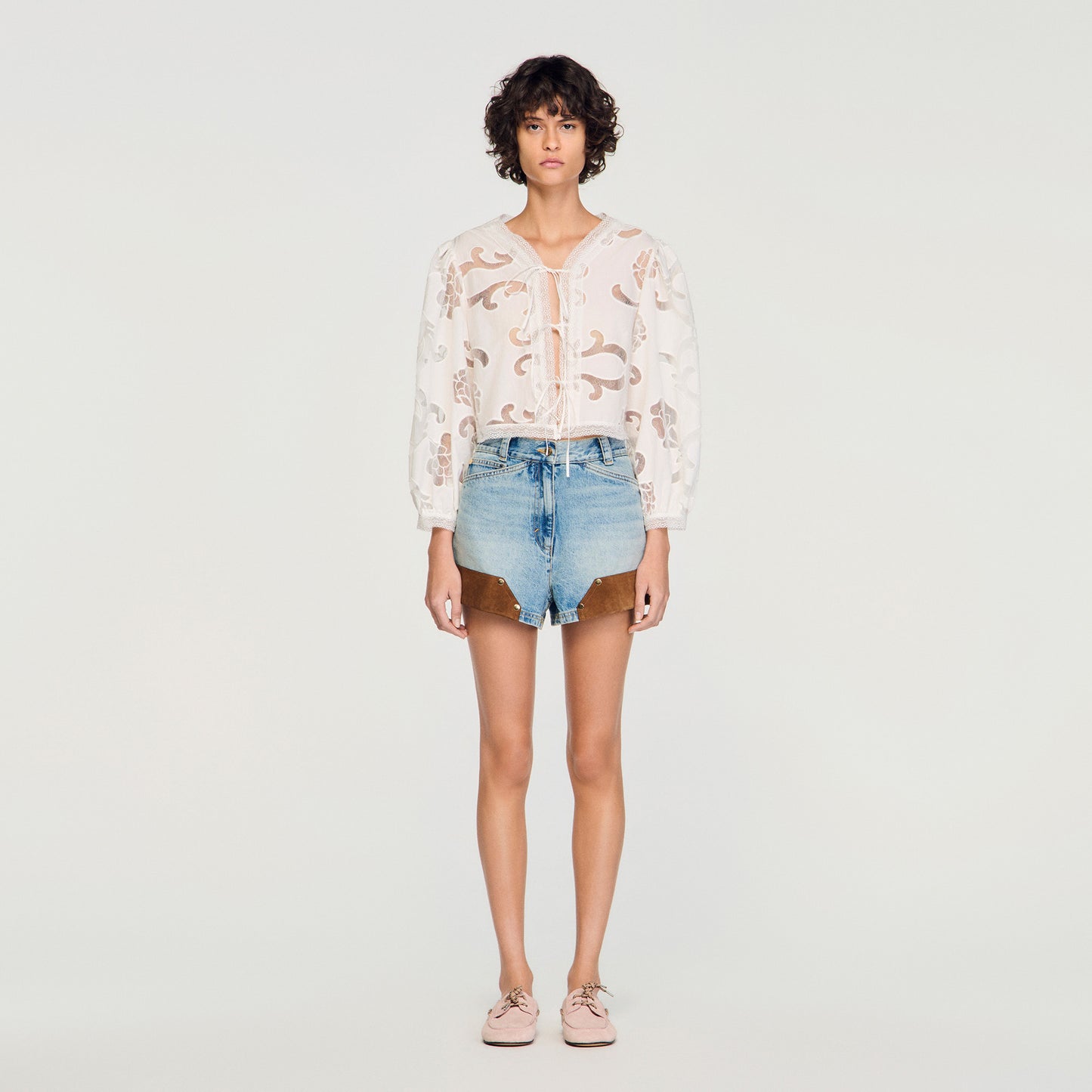 Luana Floral Openwork Crop Top Ecru