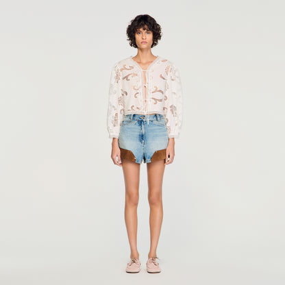 Luana Floral Openwork Crop Top Ecru