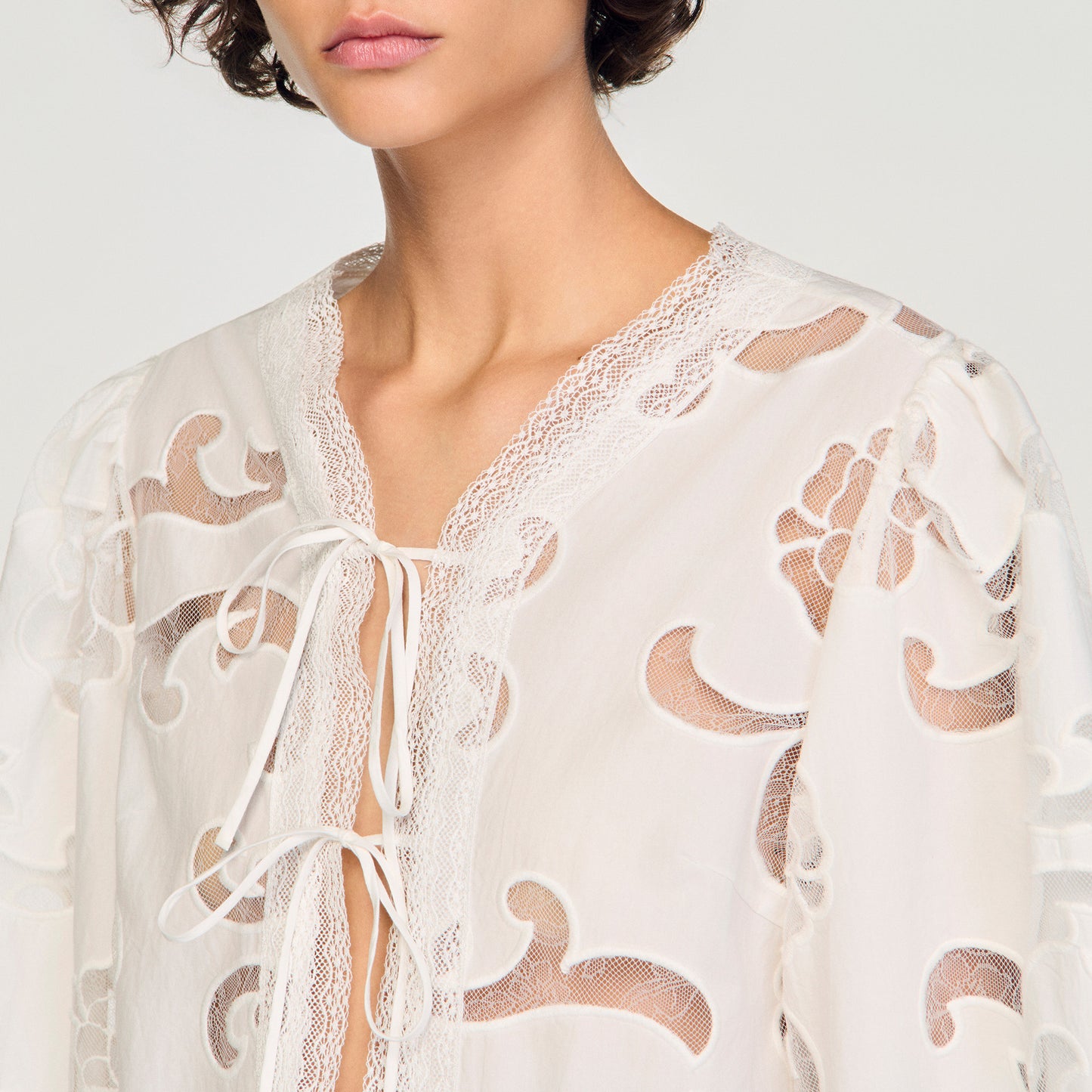 Luana Floral Openwork Crop Top Ecru