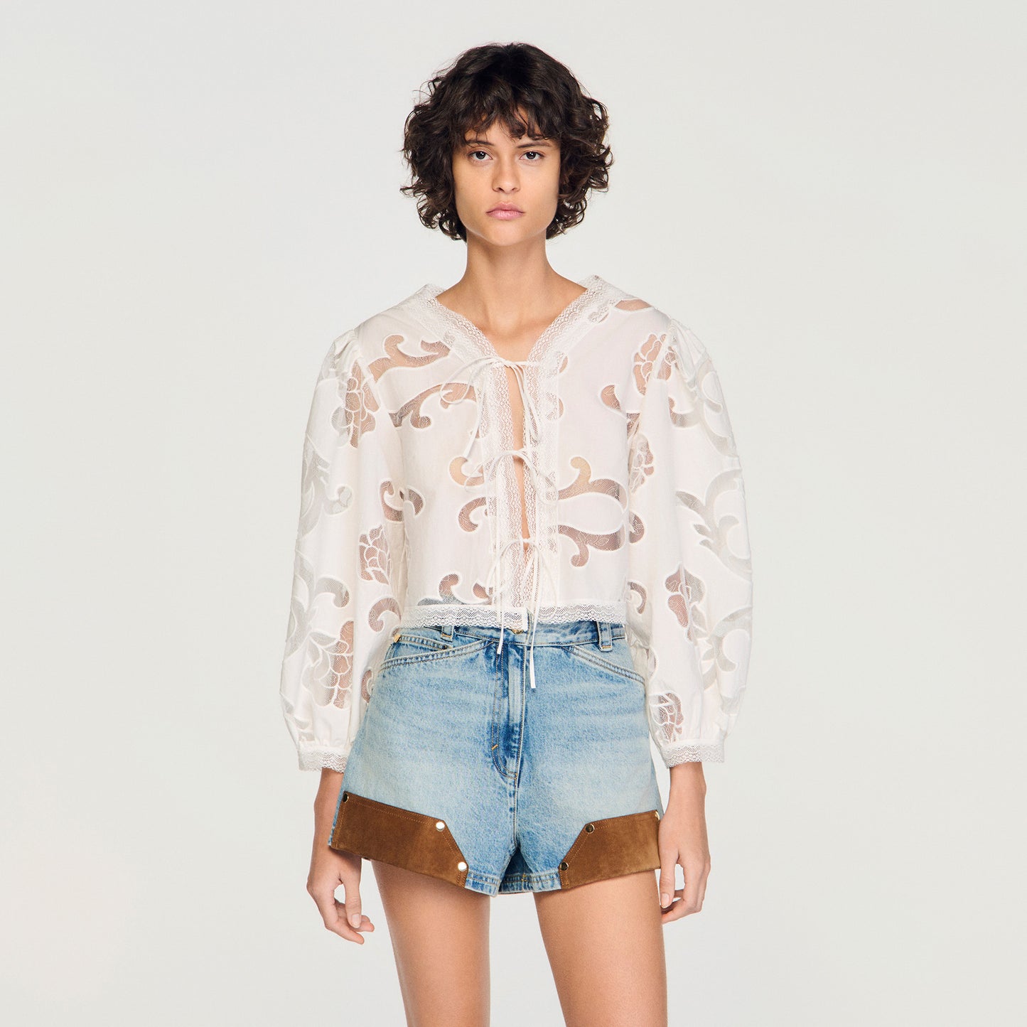 Luana Floral Openwork Crop Top Ecru