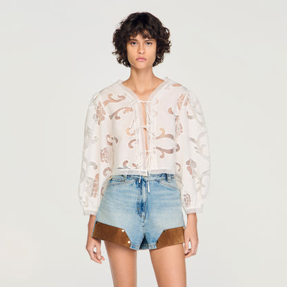 Luana Floral Openwork Crop Top Ecru