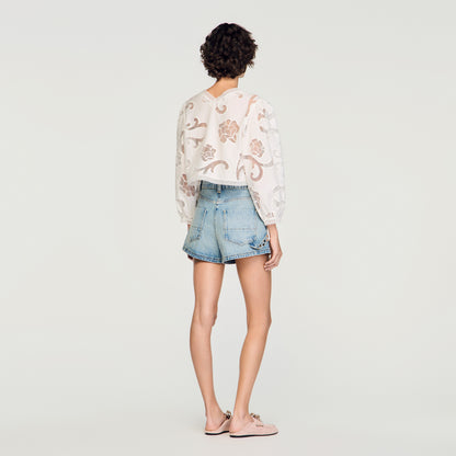 Luana Floral Openwork Crop Top Ecru