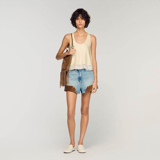 Nathalia Satin Top With Lace Trim Light Yellow