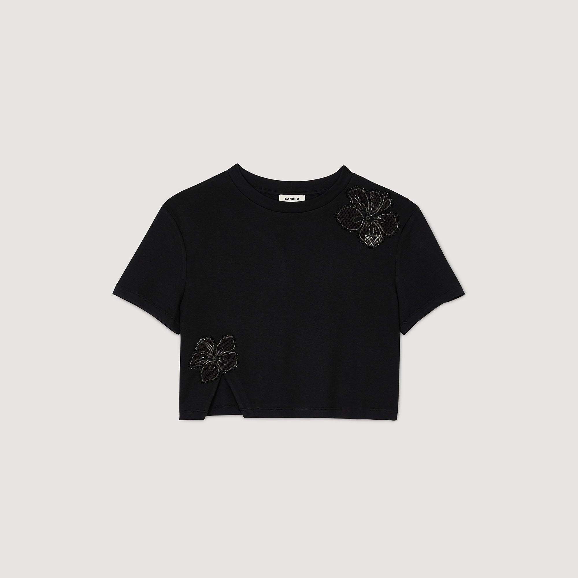 Floral Embroidery T-Shirt Black