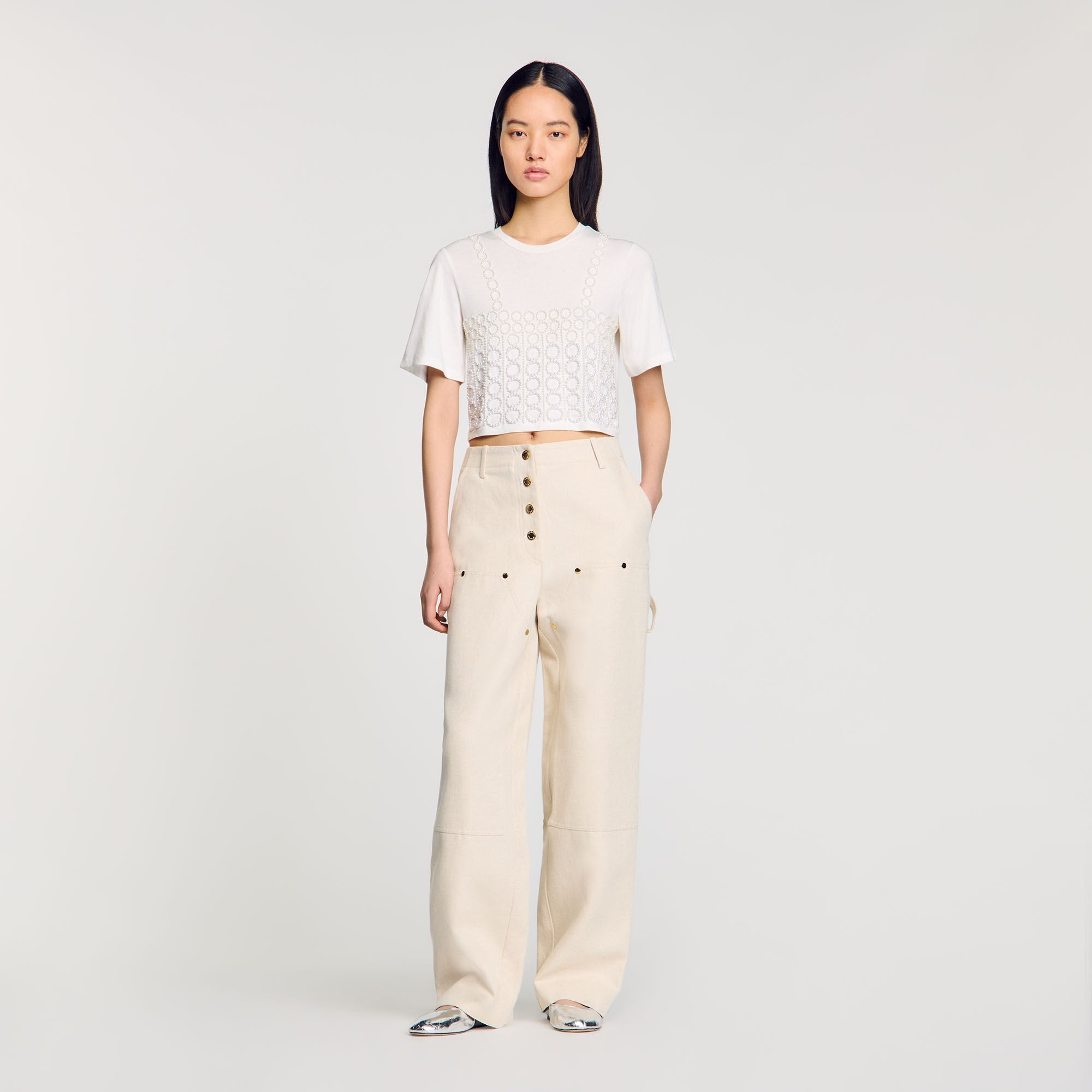 Beaded Cropped T-Shirt White