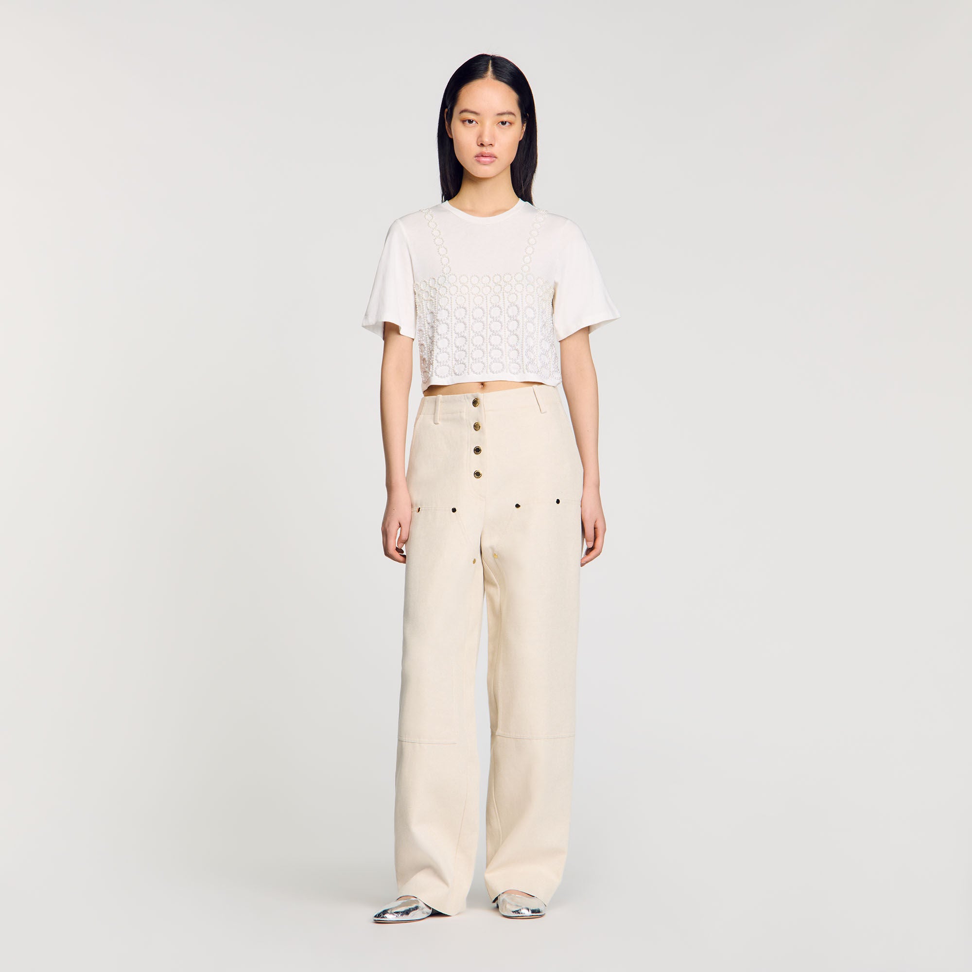 Beaded Cropped T-Shirt White